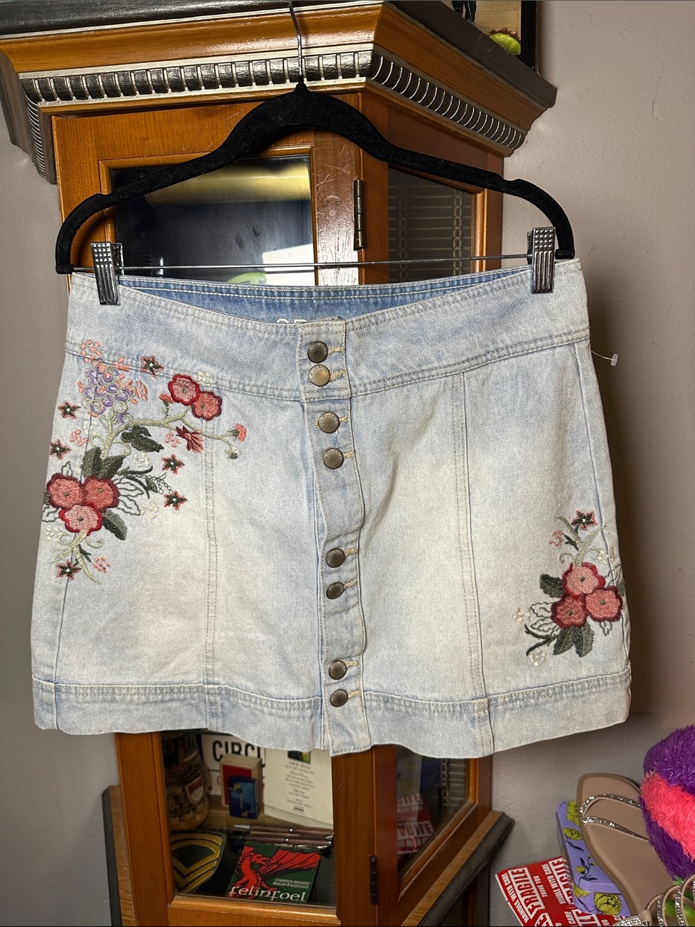 Light Blue Embroidered Denim Mini Skirt with Floral Detail